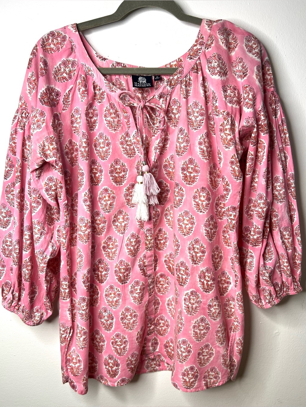 Madison Mathews Pink Tassel Tie 3/4 Sleeve Peasant Top SZ M EUC